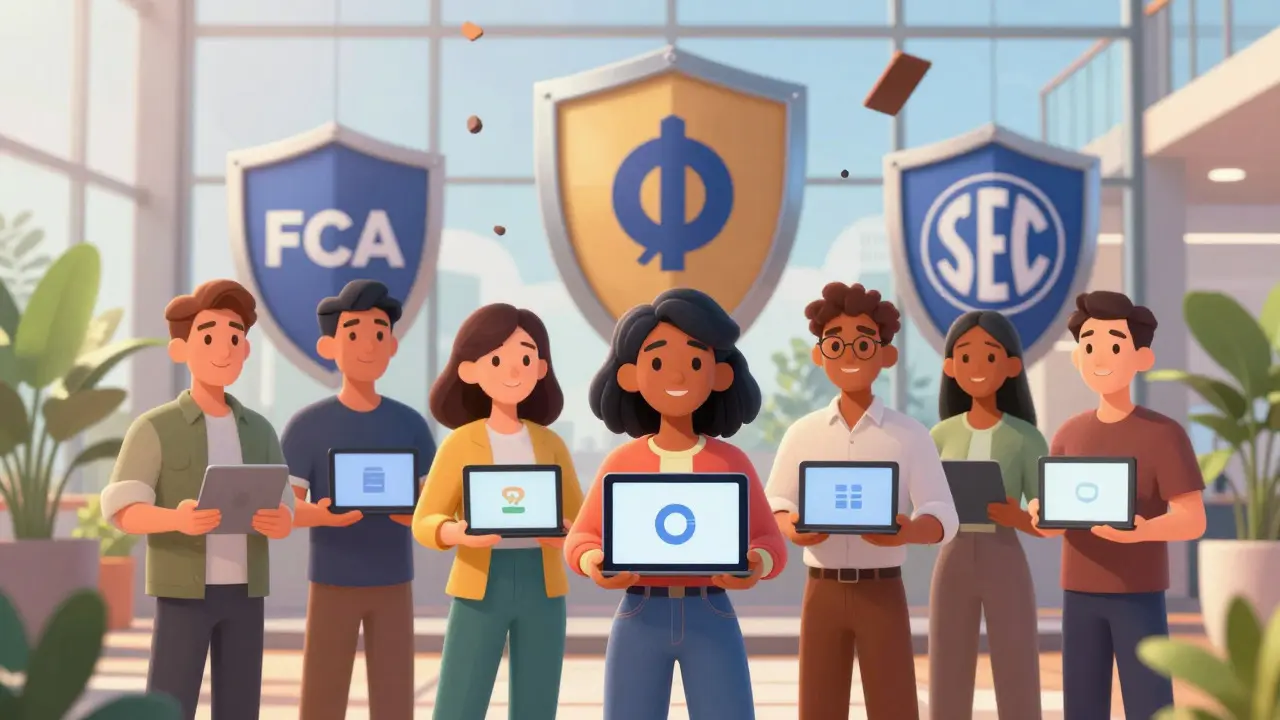 Group of people safely using legitimate crypto apps in a bright, secure office.