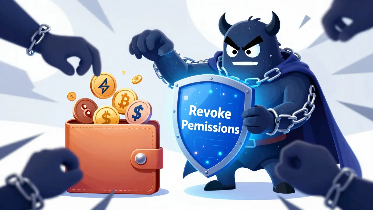 Heroic character protecting a crypto wallet from a phishing scam monster.