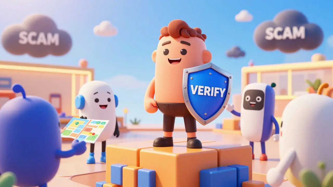 Heroic character standing safely among trusted crypto project mascots