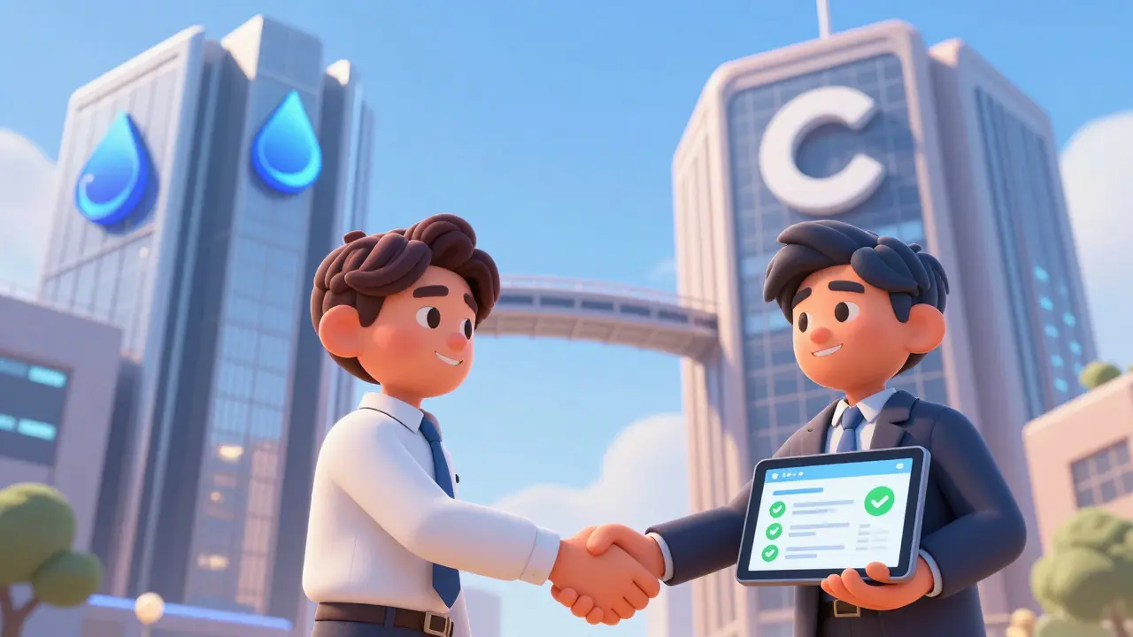 Illustration of Liquifi merging with Coinbase, showing secure token management