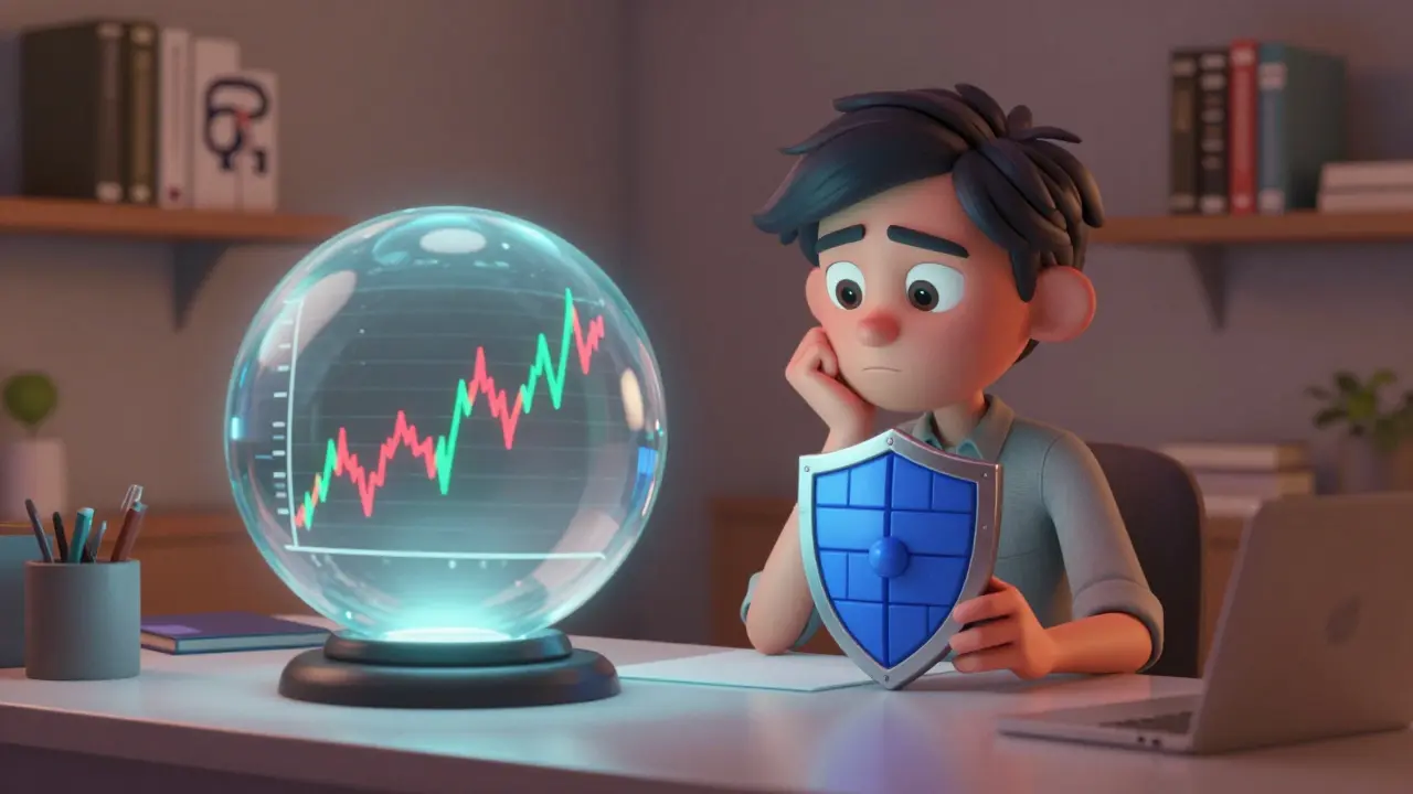 Investor analyzing volatile crypto charts with a security shield