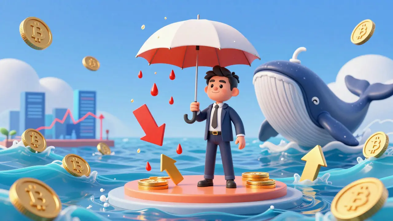 Investor using shield umbrella to protect against market chaos in Pixar style