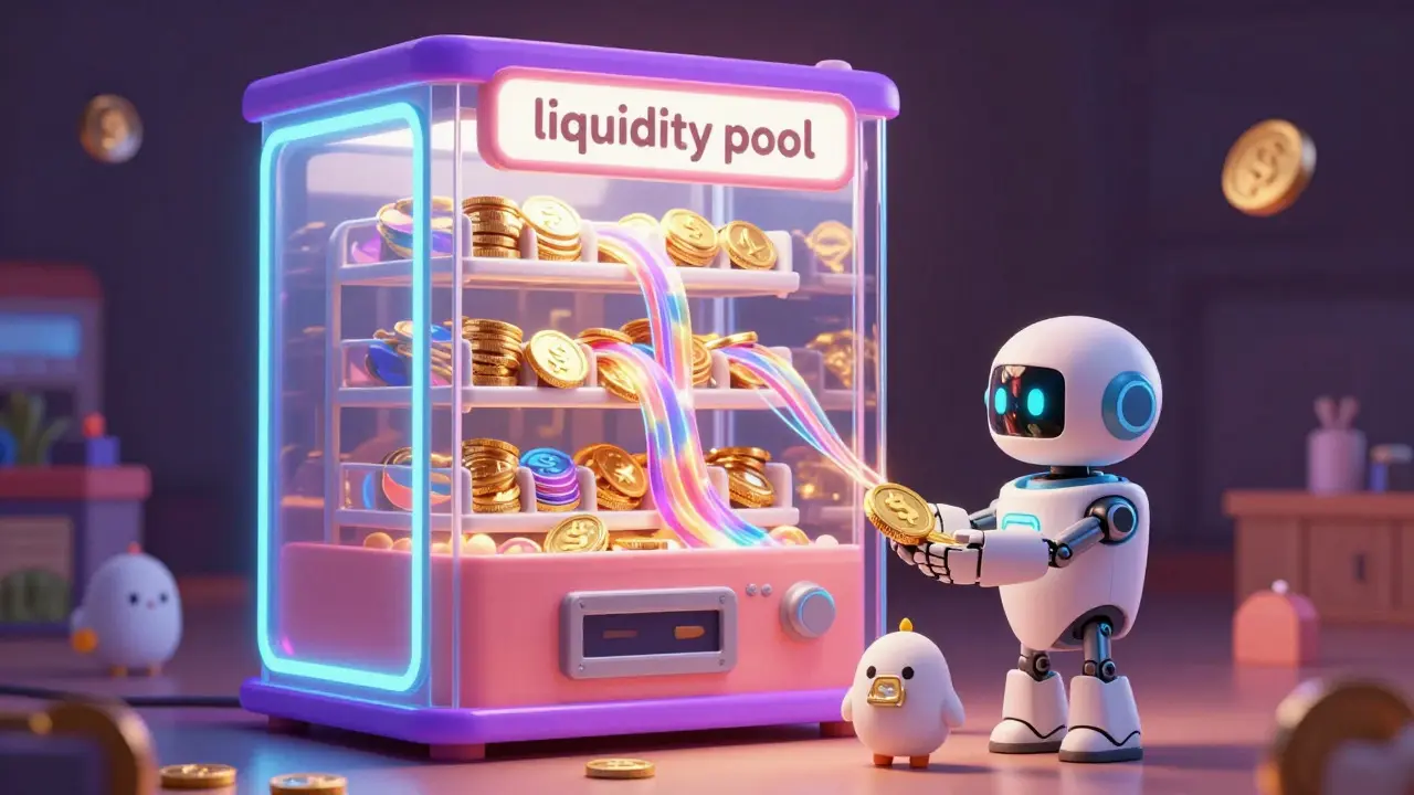 Magical vending machine illustrating DeFi liquidity pools