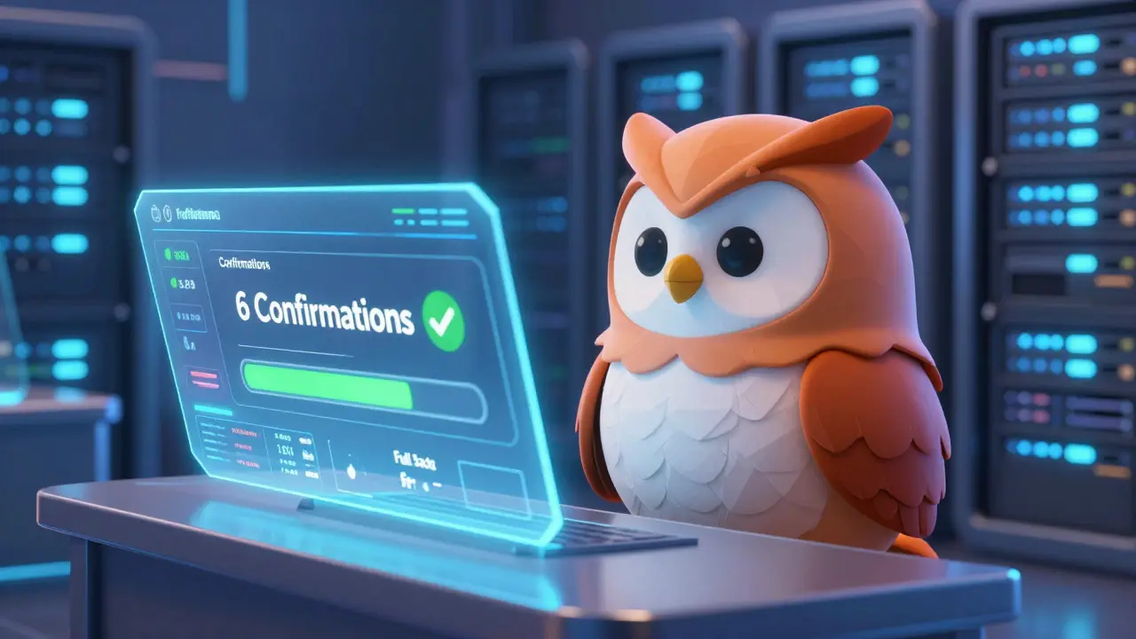 Owl guardian monitoring transaction confirmations on holographic screens.