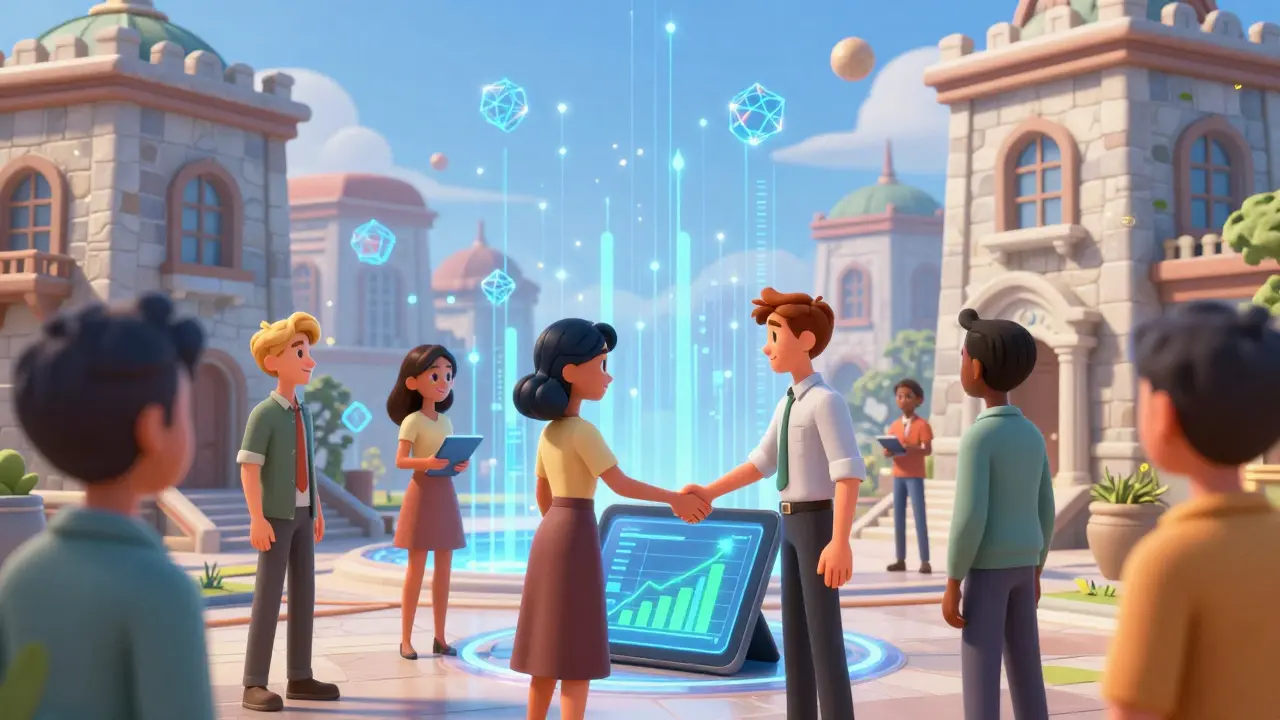 People collaborating over digital property investments in futuristic city