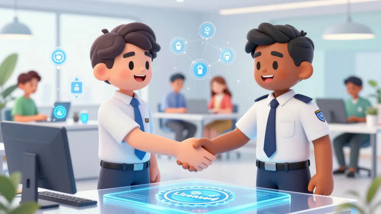 Regulators shaking hands over licensed crypto platform in modern office