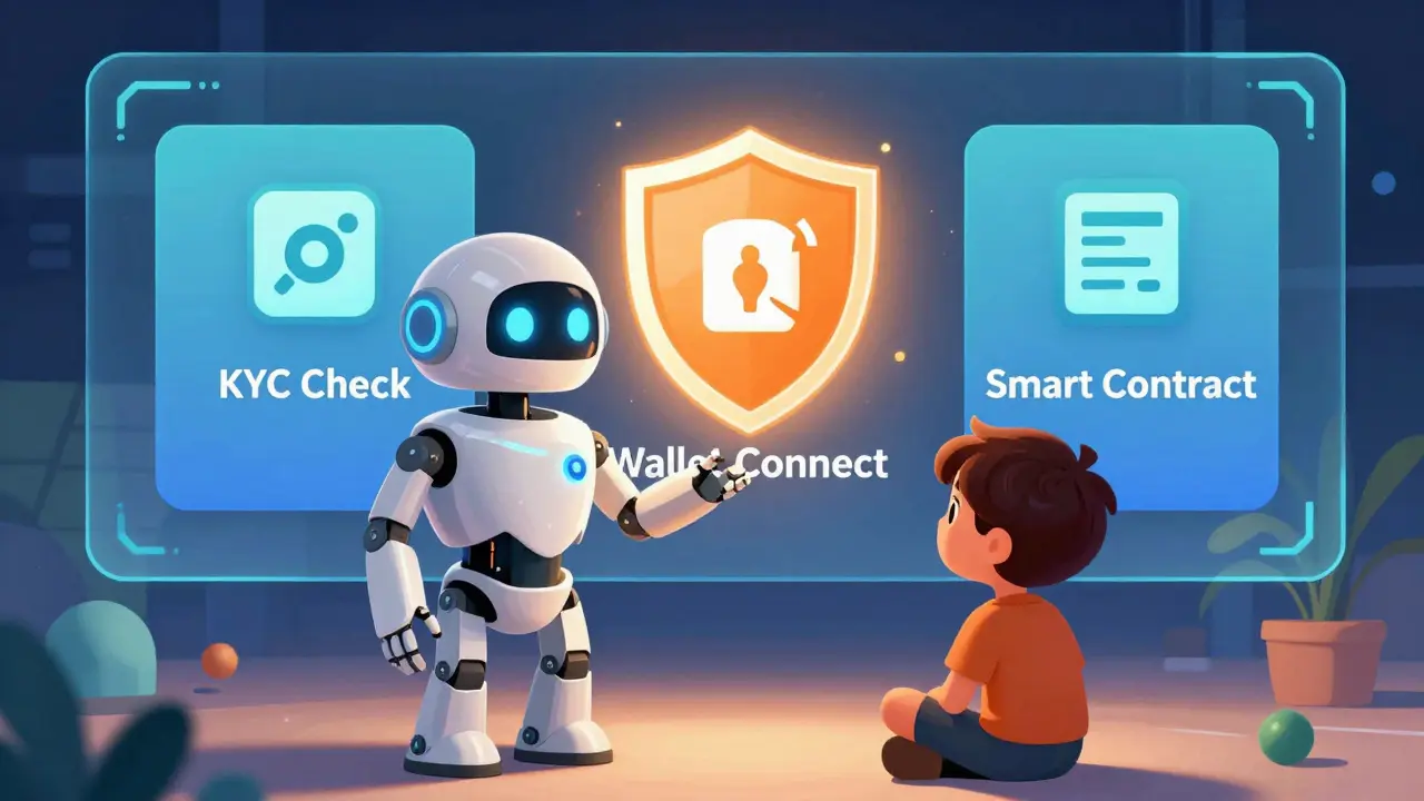Robot assistant guiding user through secure crypto real estate purchase