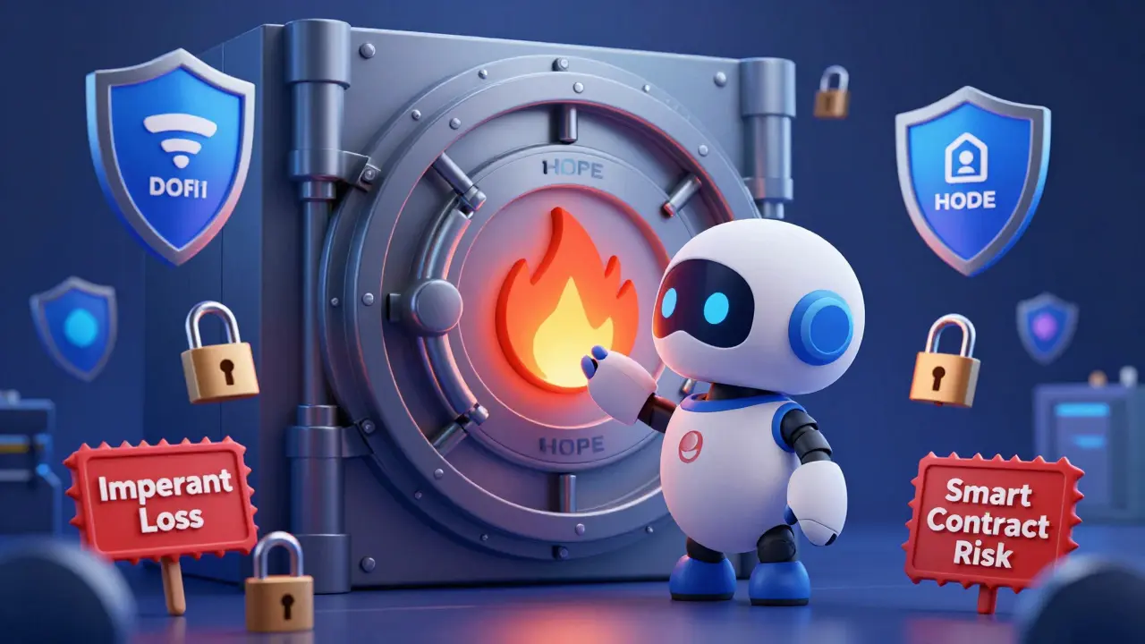Robot user checking a secure vault with HOPE token and risk warning signs.