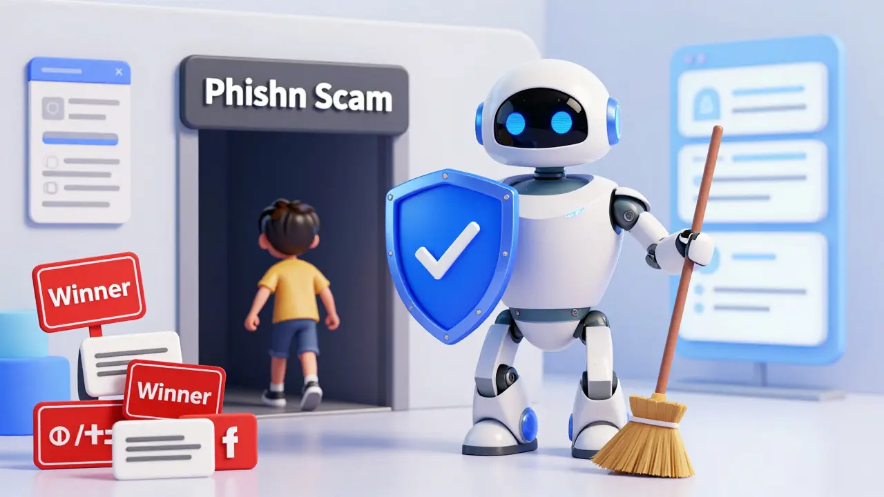 Security robot protecting user from phishing scams and fake winner alerts
