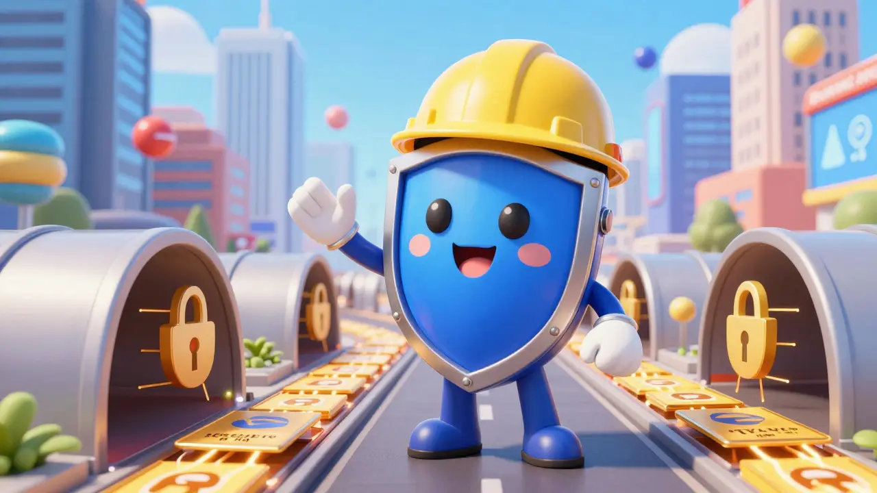 Shield mascot directing secure data streams in a digital city