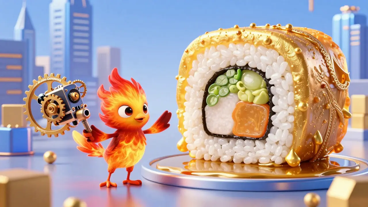 Small firebird vs giant sushi character comparing yield tools and liquidity pools.
