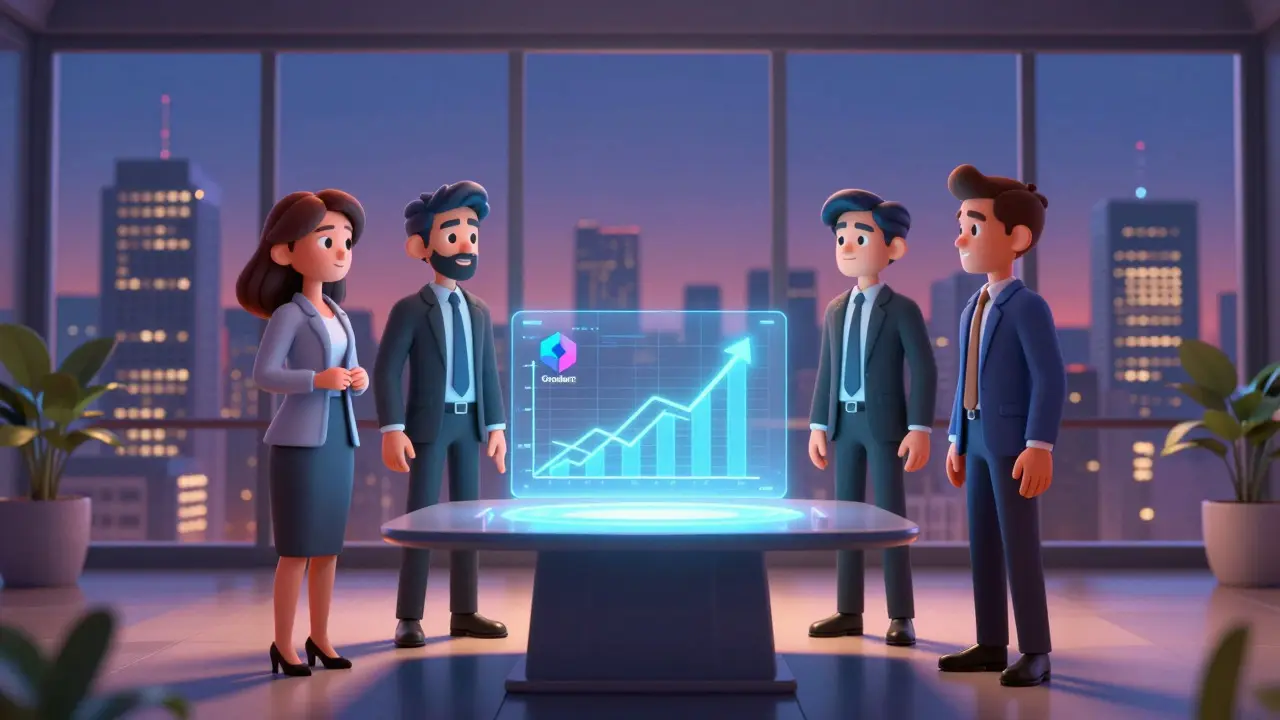 Stylized investors discussing a holographic chart in a modern glass conference room