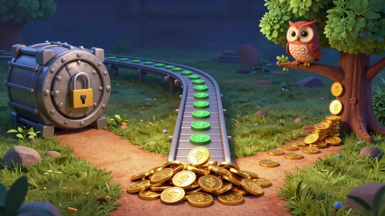 Three illustrated paths showing options for holding, swapping, or staking crypto tokens.