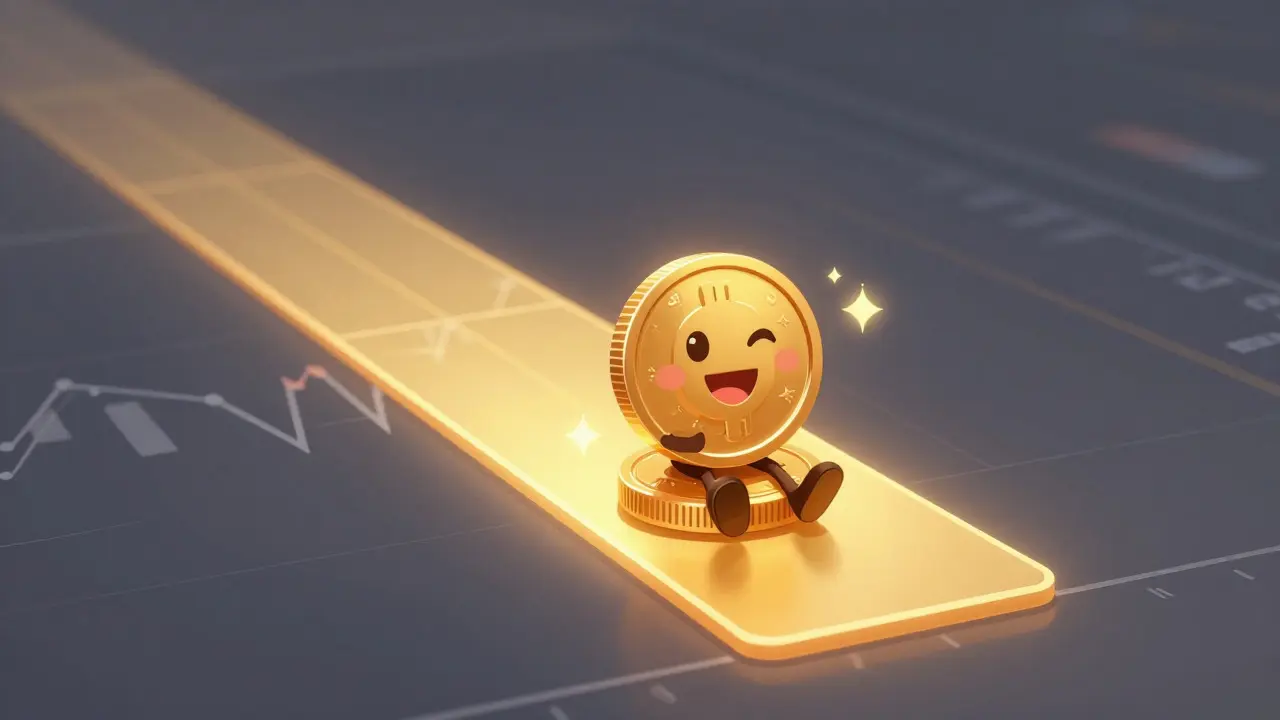 A cartoon coin character earning rewards inside a golden zone on a price graph.