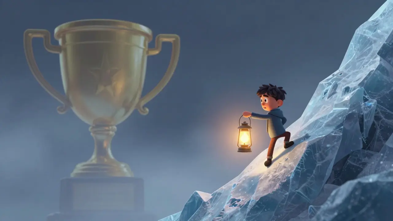 A character climbing an icy slope with a lantern near a ghostly mountain