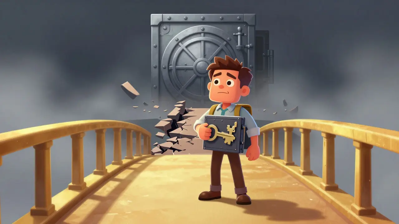 A character holding a safe key on a golden bridge, leaving a dark path behind