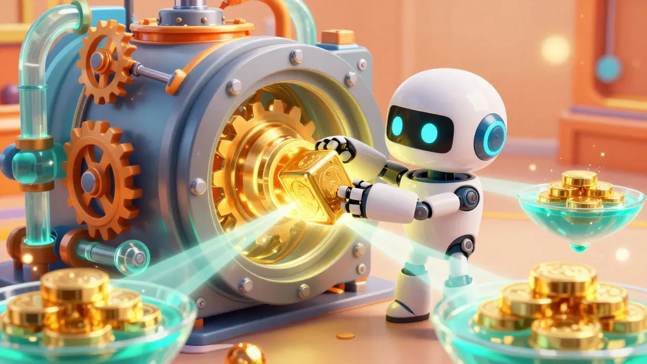 A cute robot placing a token block into a complex ve(3,3) engine mechanism.