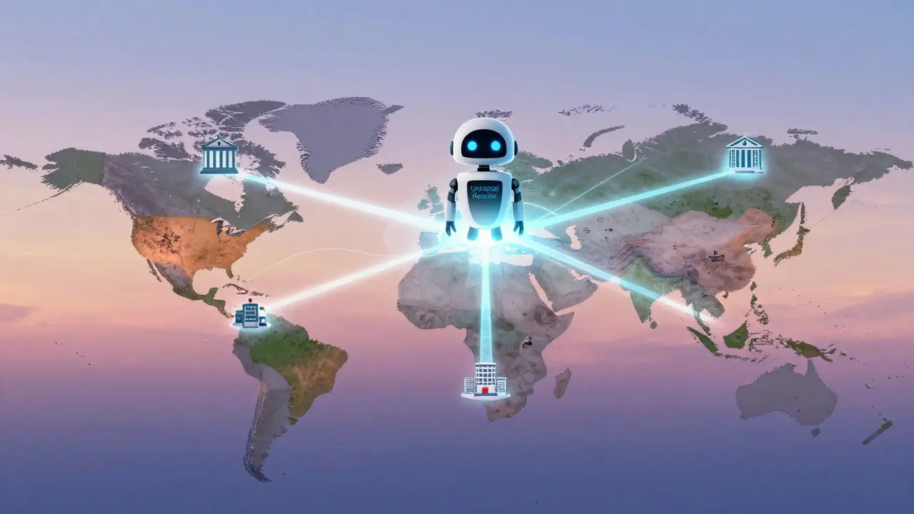 A global map shows different regions connected by light beams to a central hub