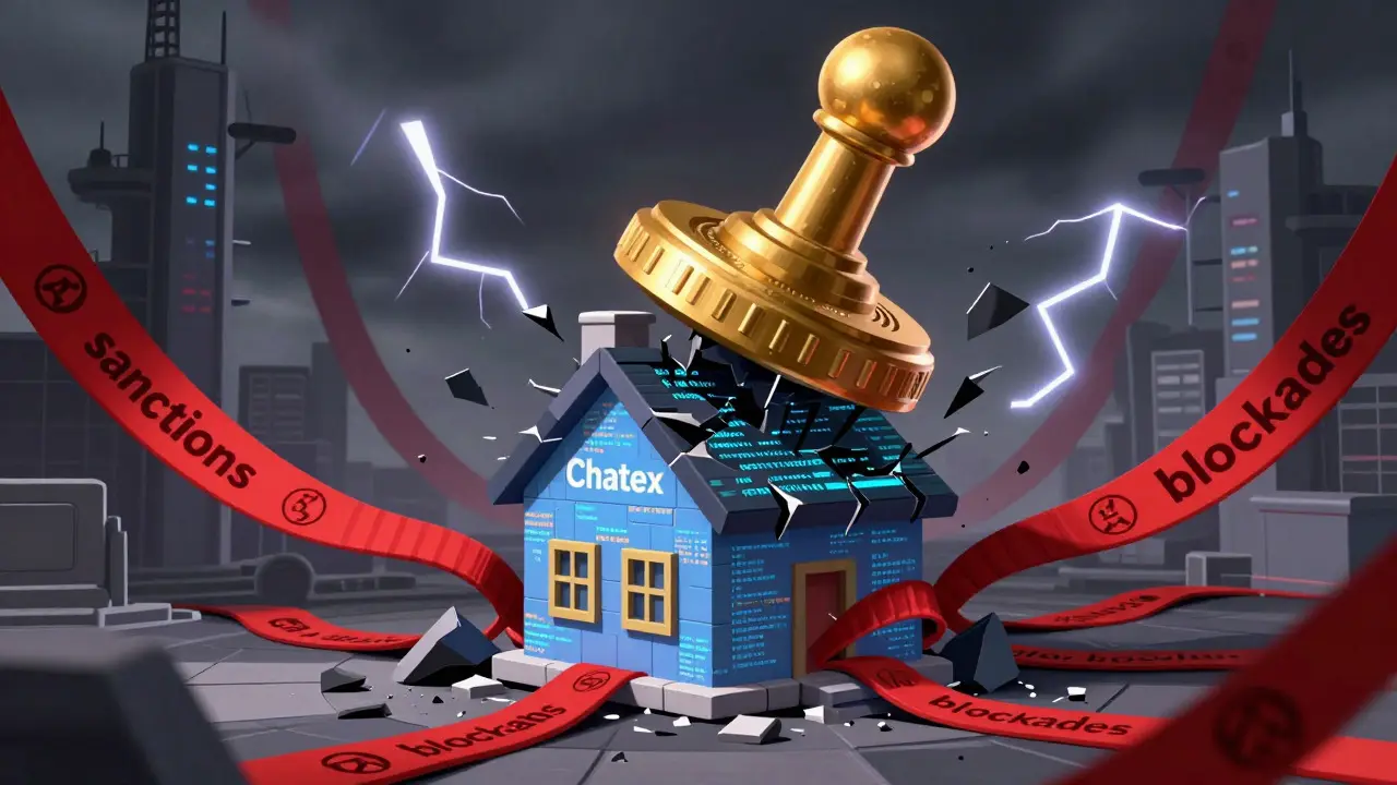 A government seal crushing a digital house, symbolizing the platform's shutdown