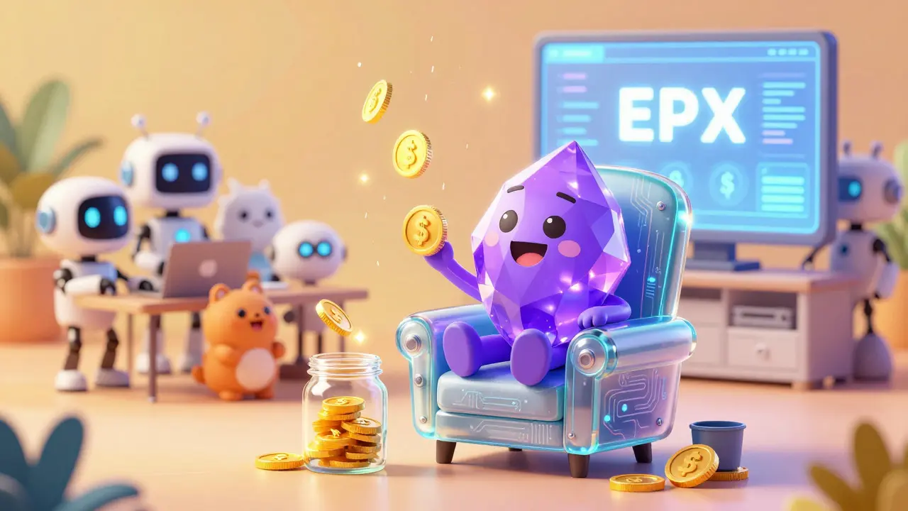 A happy gem character collecting floating coins in a high-tech chair
