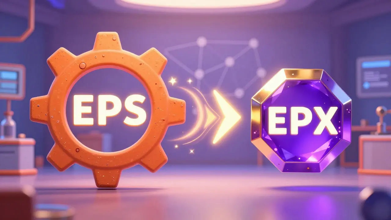 A rusty gear transforming into a shiny purple gem in a futuristic setting