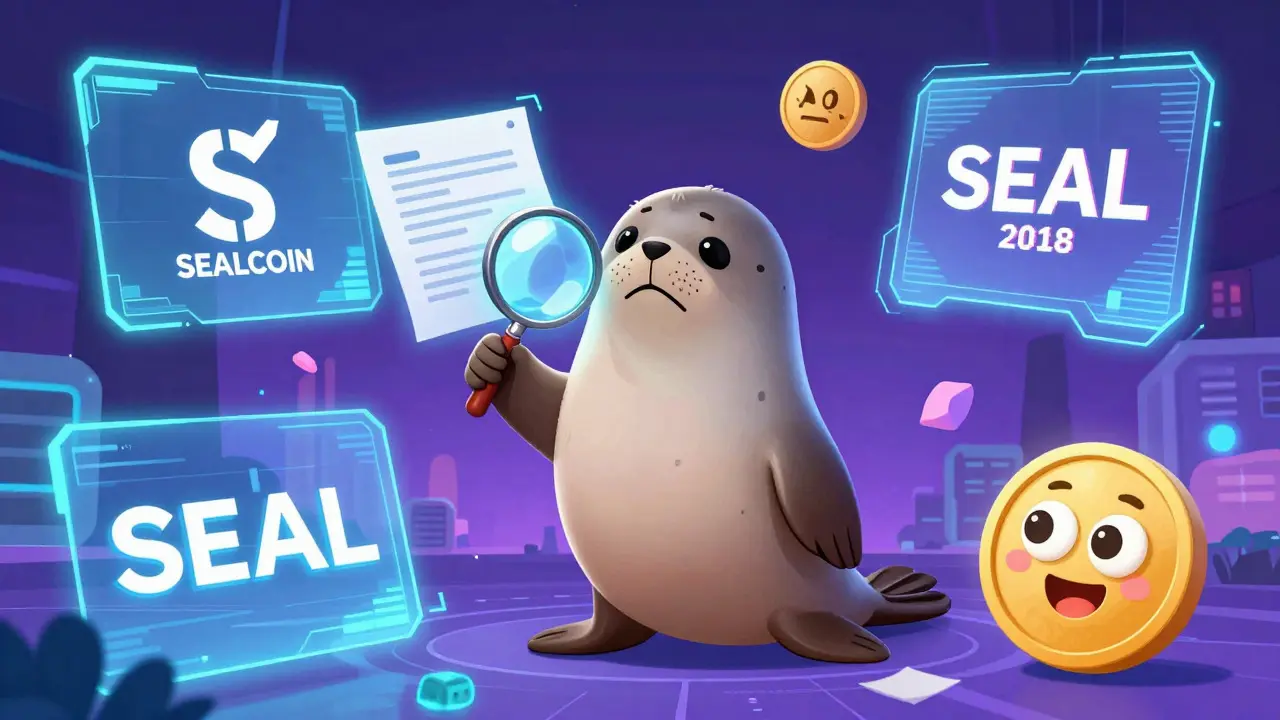 A seal using a magnifying glass to examine different crypto logos in a digital space