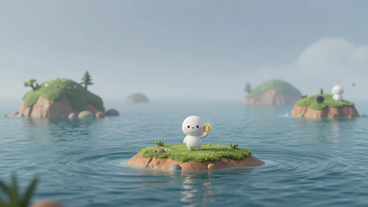 A small character on an isolated island holding a coin in a vast ocean