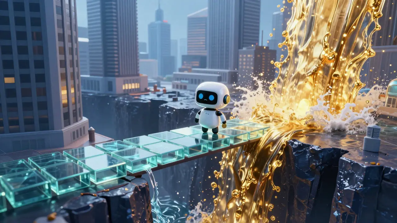 A small robot crossing a narrow bridge next to a massive river of gold