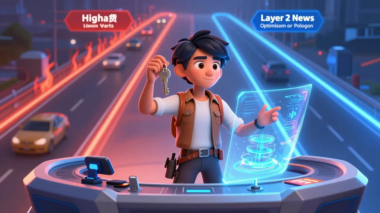 A trader holding a key chooses between a costly mainnet path and a fast layer-2 lane.