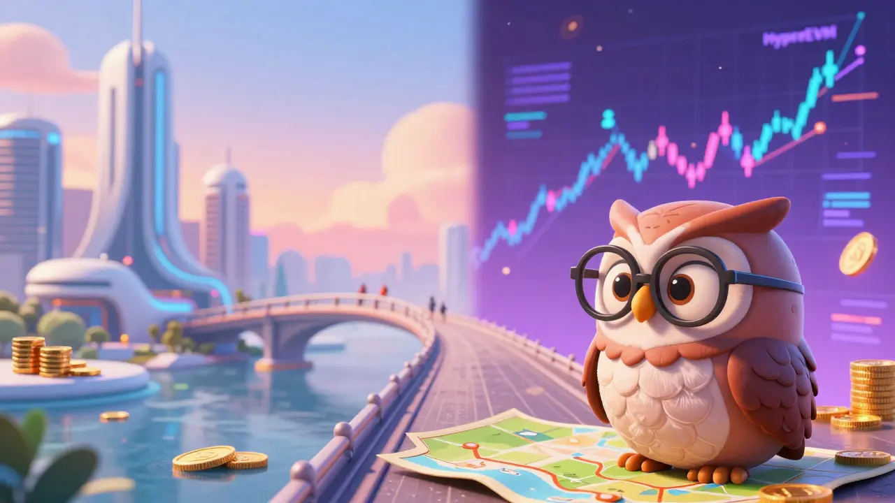 An owl looking at a map connecting Arbitrum and HyperEVM landscapes.