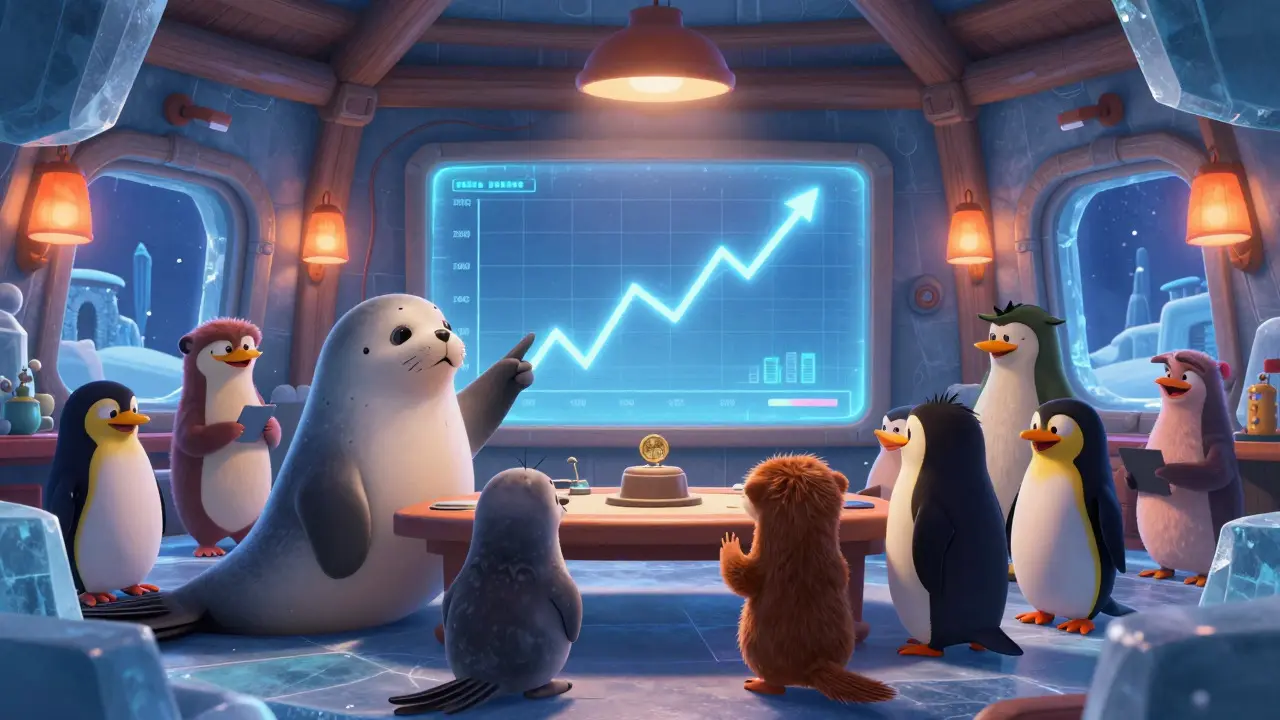 Animal characters in an ice cabin analyzing a volatile stock chart together