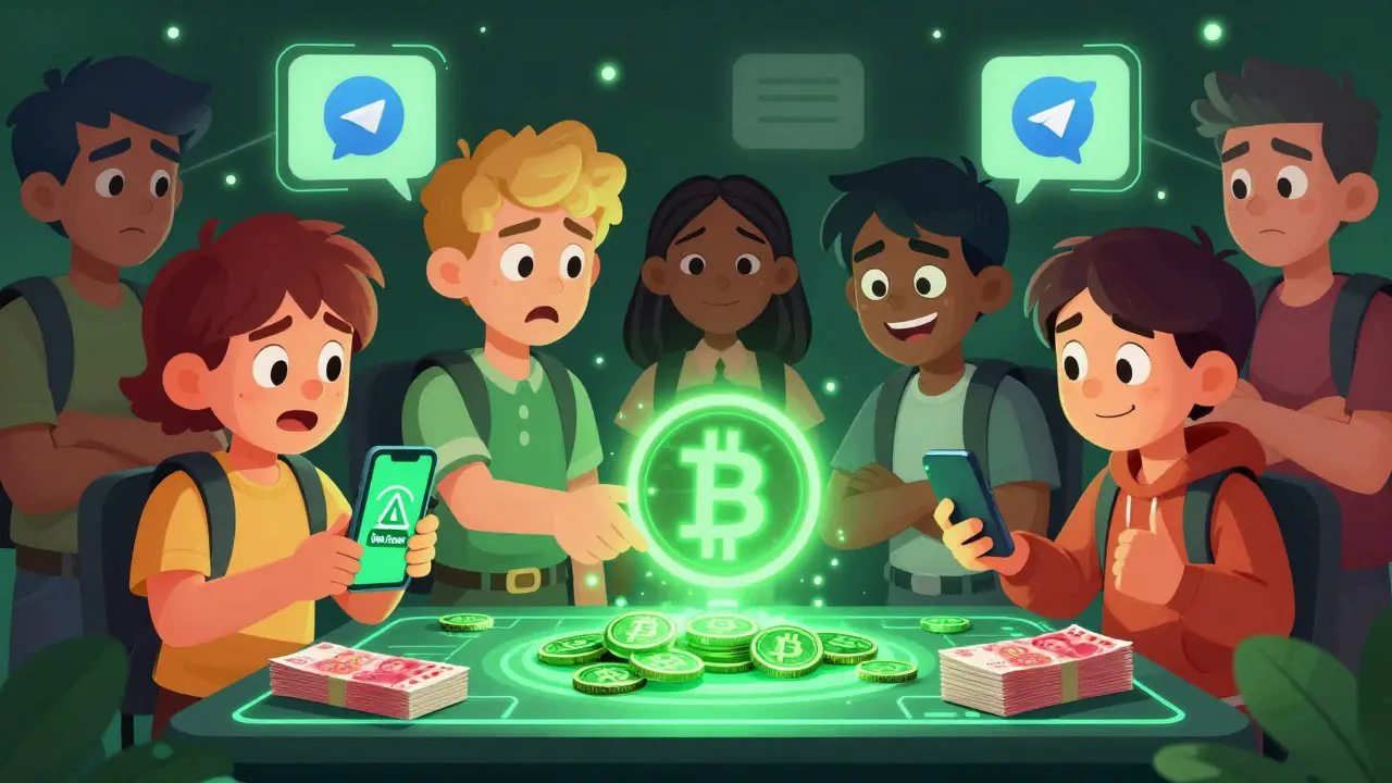 Animated characters exchanging crypto for cash with tense expressions