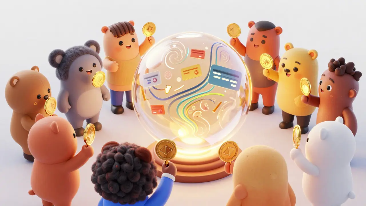 Animated characters voting together around a glowing digital orb