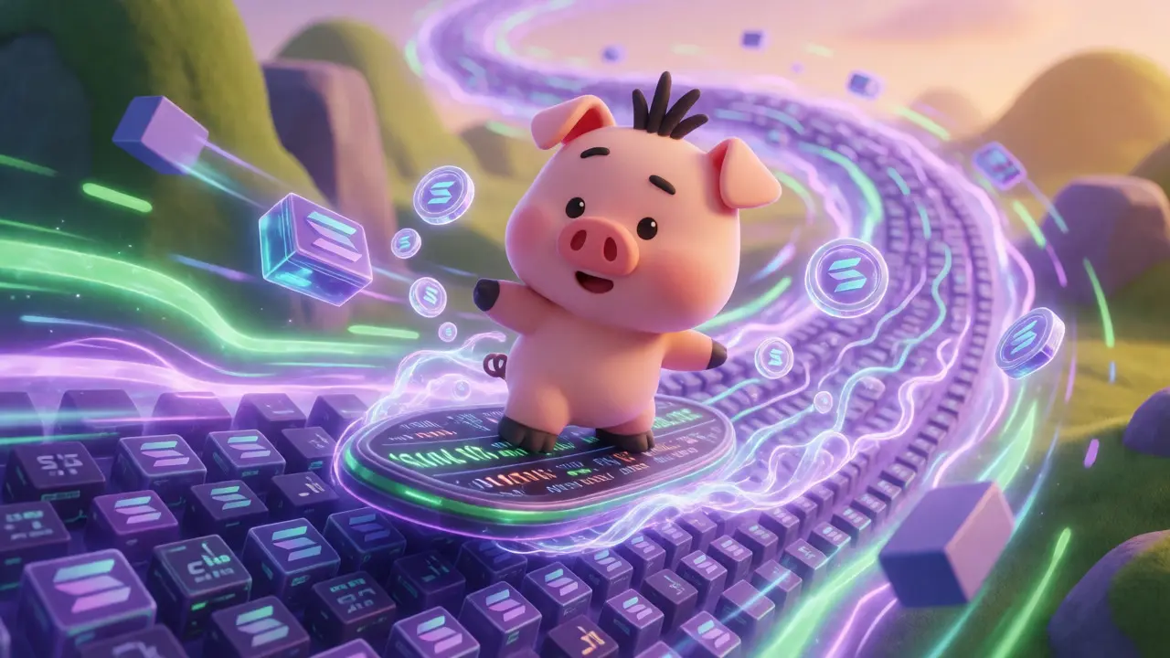 Animated McDull surfing on a Solana blockchain data stream with tokens.