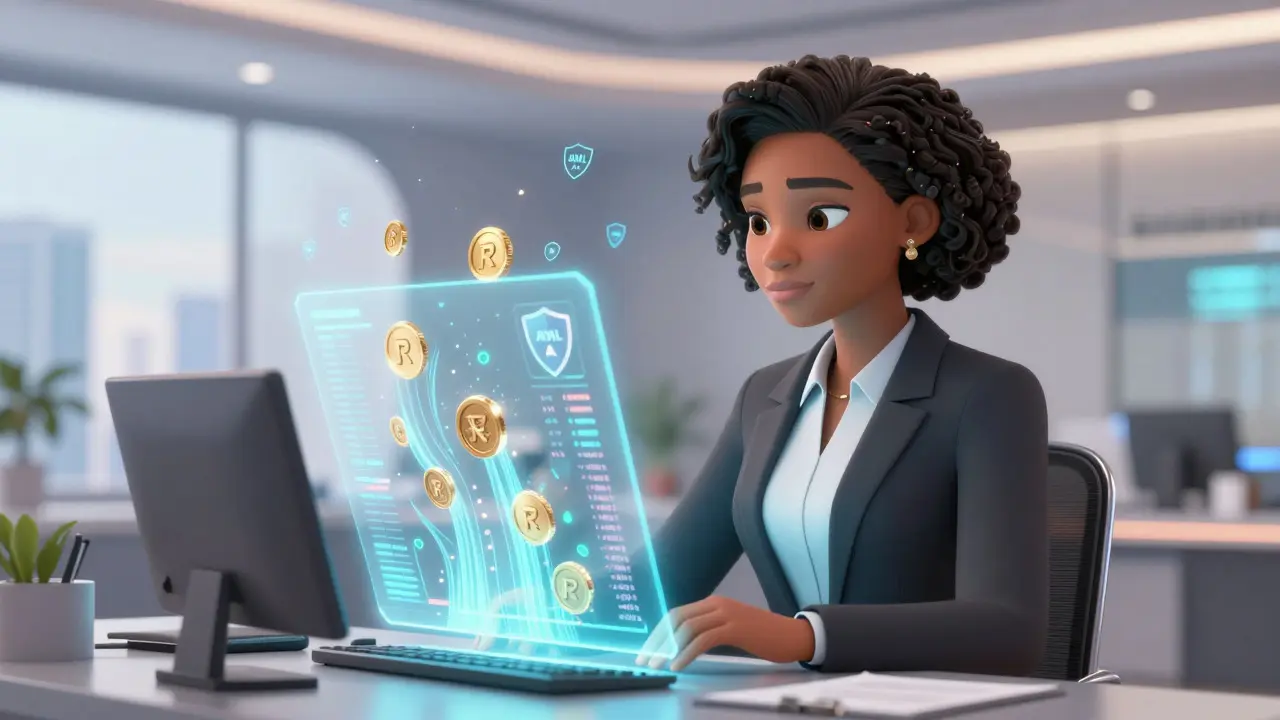 Bank officer reviewing compliant crypto transactions on holographic display