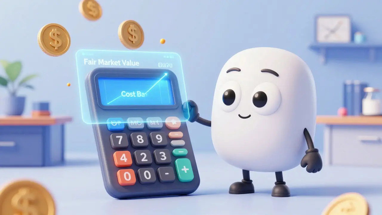 Calculator character explaining crypto tax basis
