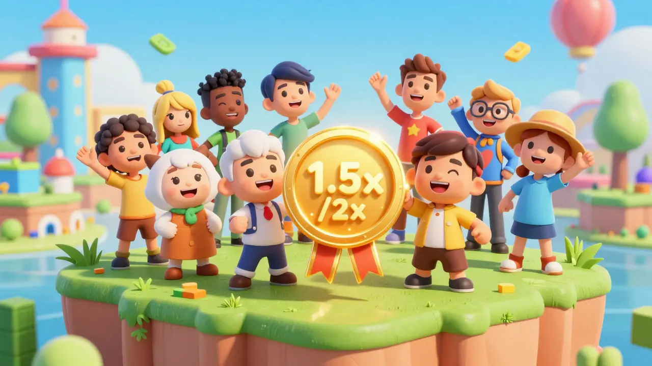 Cartoon characters celebrating on a virtual metaverse island with bonus badges