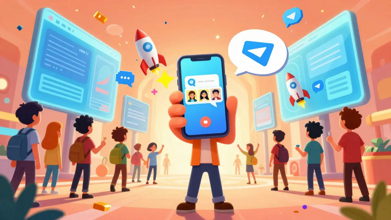Cartoon characters engaging with social media and community bubbles in a digital plaza