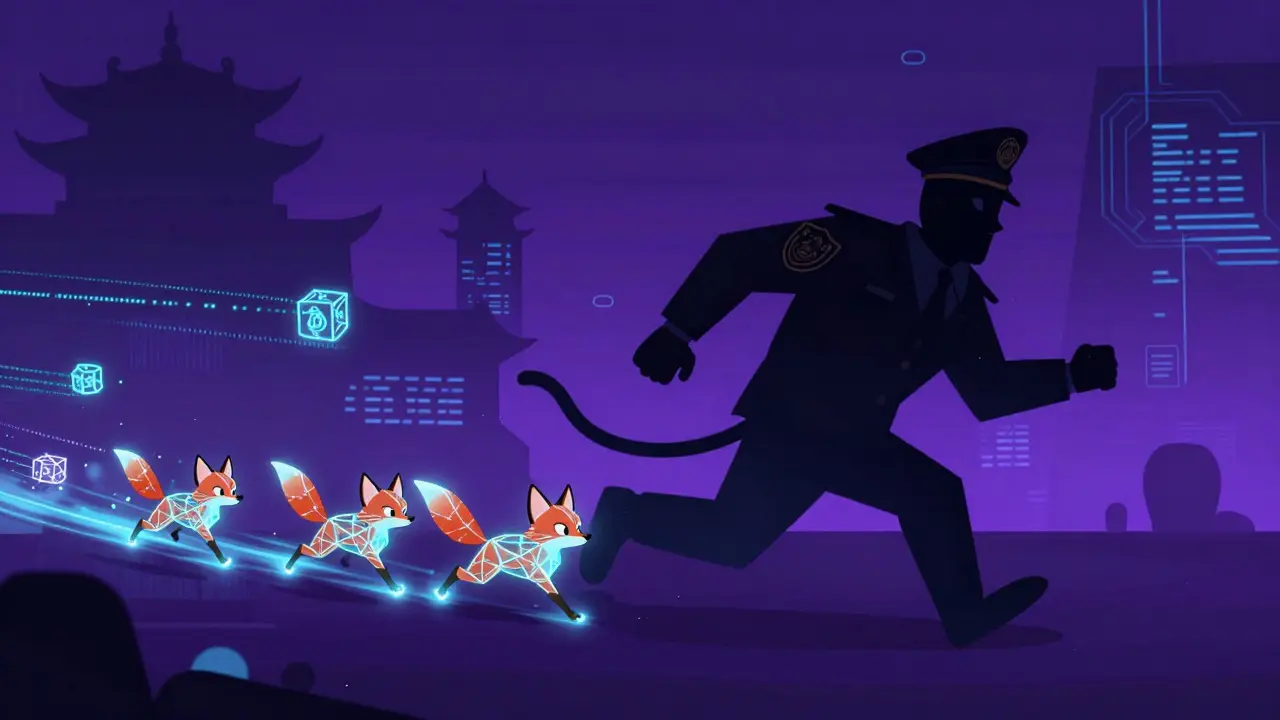 Cartoon foxes evading a regulator in a digital blockchain world