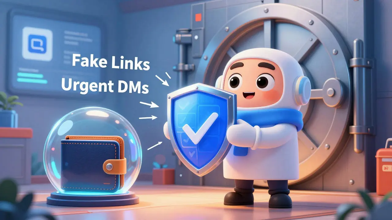 Cartoon guardian protecting a secure wallet from scam attacks