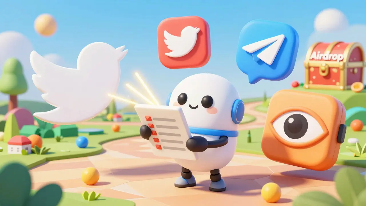 Cartoon robot checks social media tasks like following and retweeting for rewards.