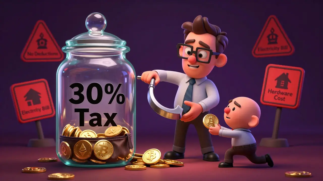 Cartoon tax collector taking 30% of mined crypto coins while ignoring miner's expenses in a jar.