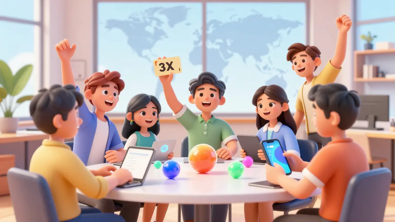 Cartoon traders celebrating with digital assets and leveraged cards