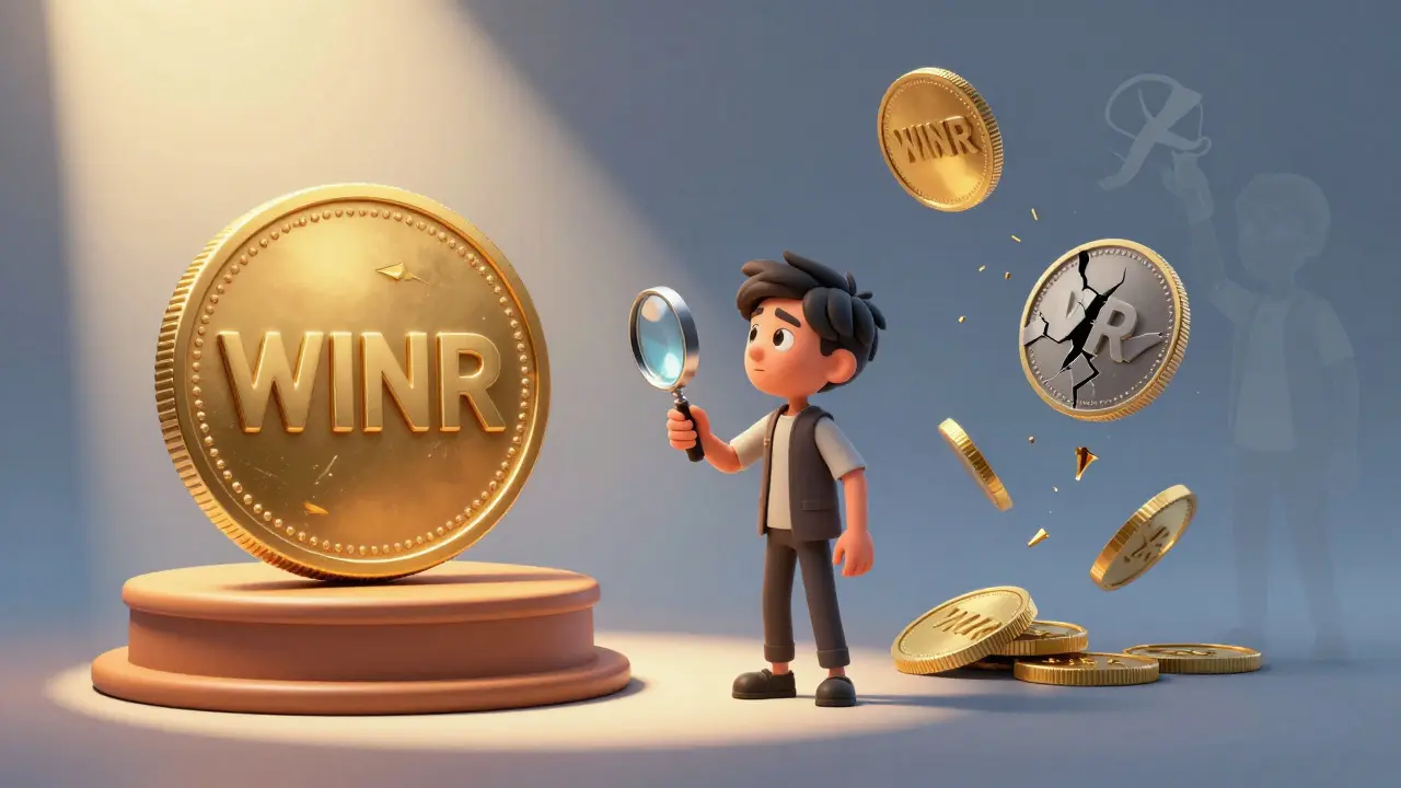 Character inspects a golden crypto token while weighing potential risks and rewards.
