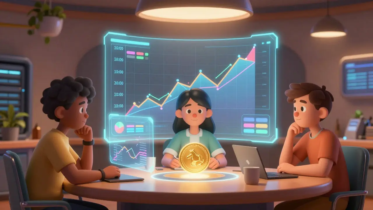 Characters analyzing holographic token data in a strategy room
