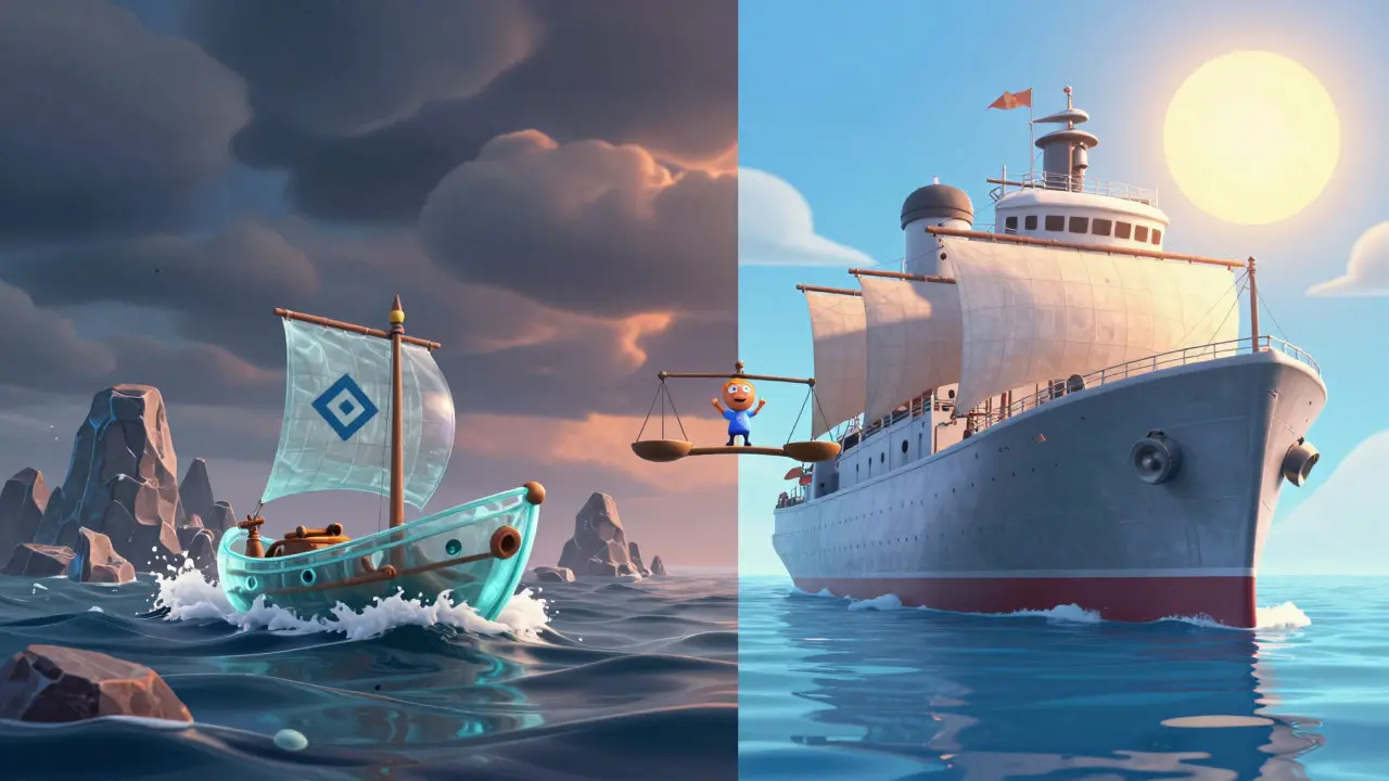 Comparison of a small boat in storm vs a large ship in calm waters