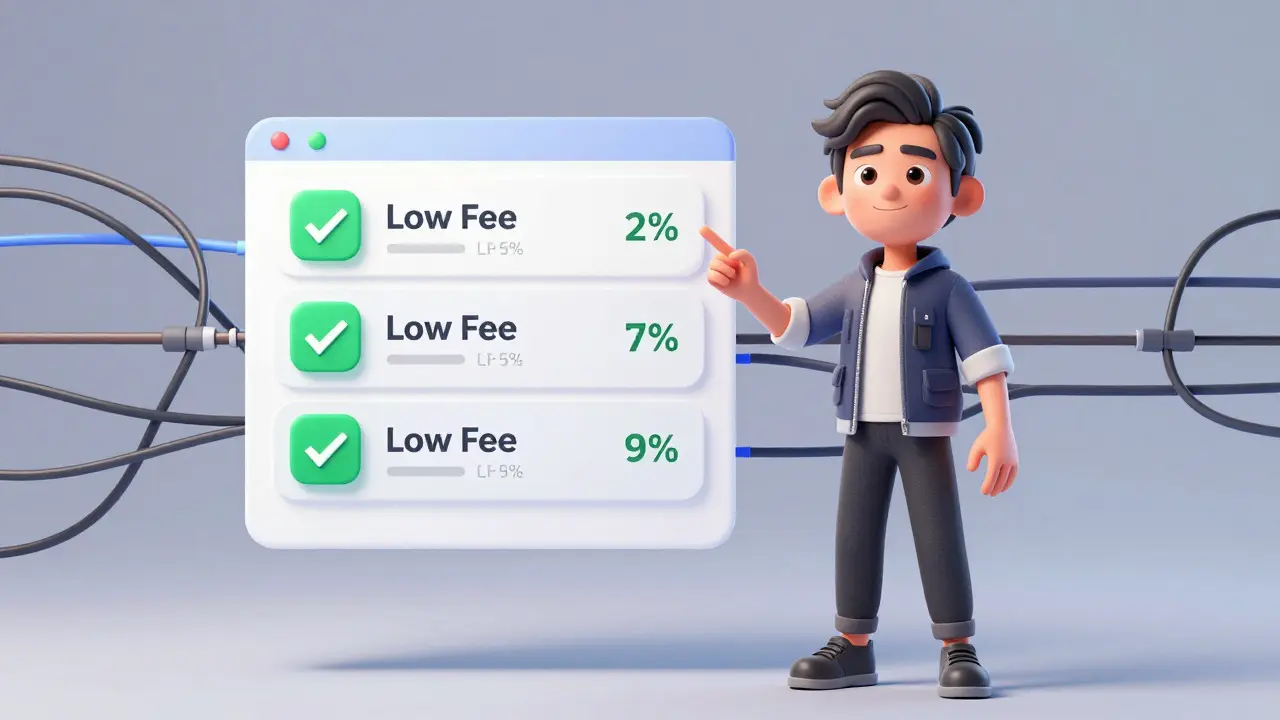 Confident guide character showing a simplified, low-fee crypto trading dashboard interface.