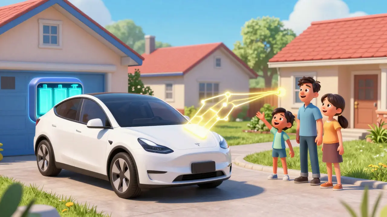 Electric vehicle powering homes through Vehicle-to-Grid technology in a driveway.
