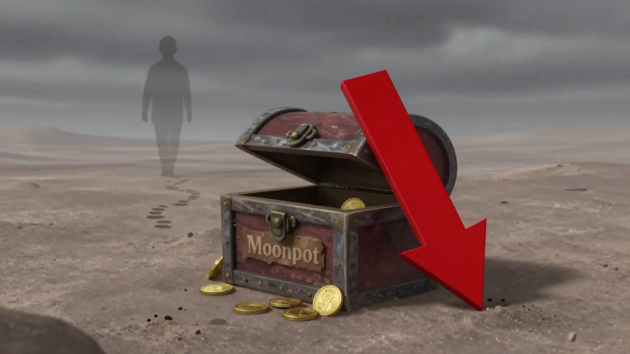 Empty treasure chest with downward arrow showing crypto token value crash