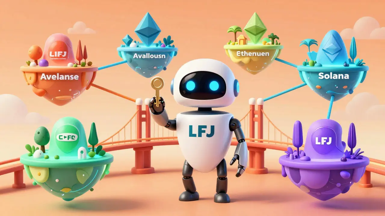 Friendly Pixar-style robot mascot connecting multiple colorful blockchain islands via a bridge.
